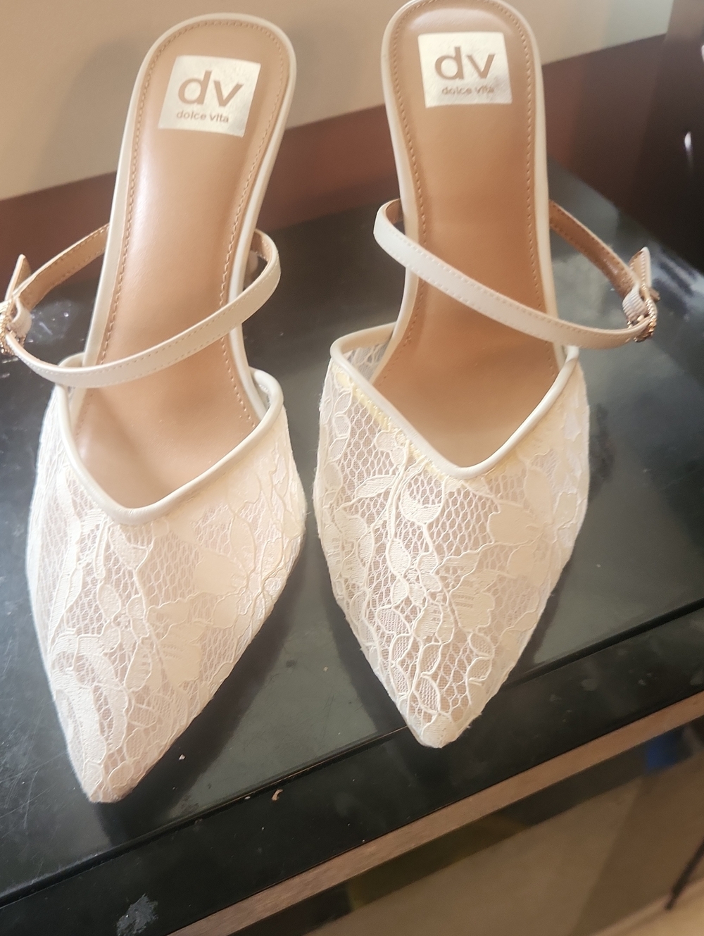 Dolce Vita Ivory Lace Pointed-Toe Slingback Mules